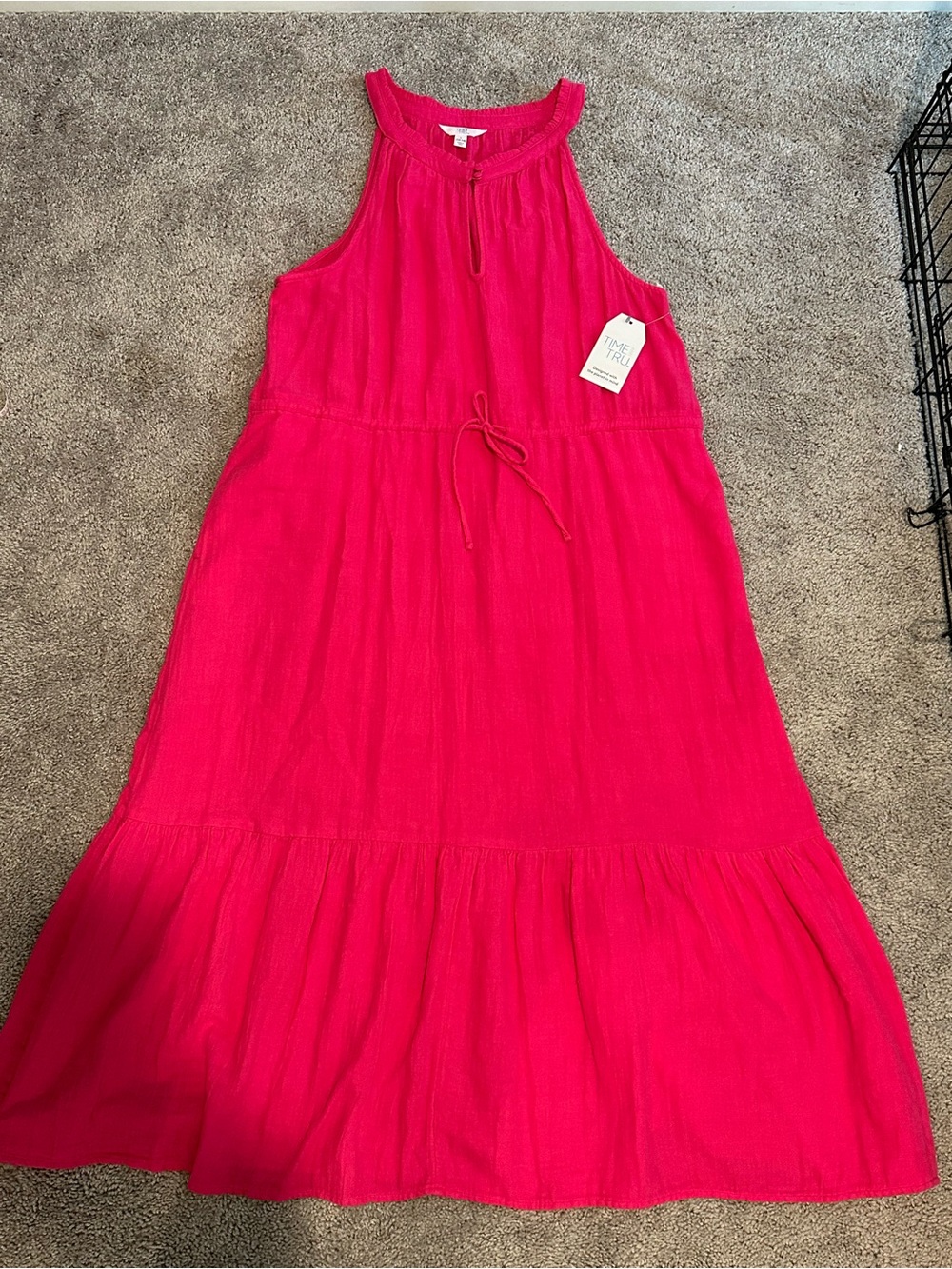 Time and Tru Vibrant Hot Pink Sleeveless Drawstring Maxi Dress